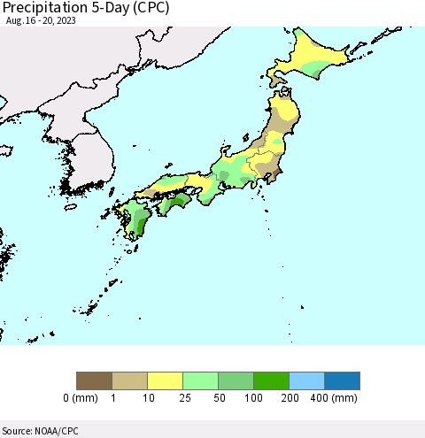 Japan Precipitation 5-Day (CPC) Thematic Map For 8/16/2023 - 8/20/2023