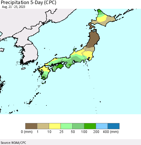 Japan Precipitation 5-Day (CPC) Thematic Map For 8/21/2023 - 8/25/2023