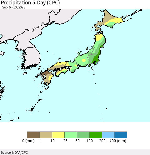 Japan Precipitation 5-Day (CPC) Thematic Map For 9/6/2023 - 9/10/2023