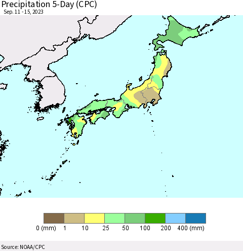 Japan Precipitation 5-Day (CPC) Thematic Map For 9/11/2023 - 9/15/2023