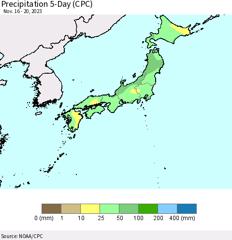 Japan Precipitation 5-Day (CPC) Thematic Map For 11/16/2023 - 11/20/2023