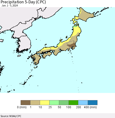 Japan Precipitation 5-Day (CPC) Thematic Map For 1/1/2024 - 1/5/2024