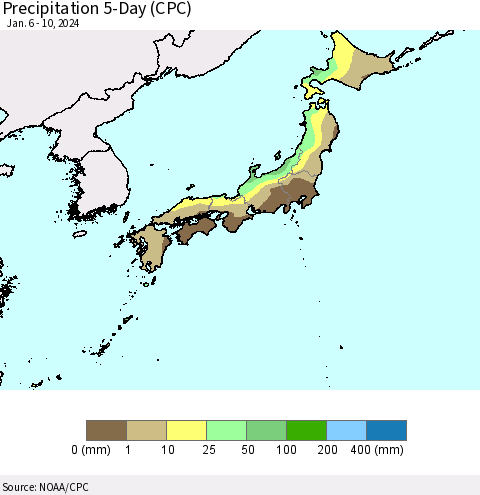 Japan Precipitation 5-Day (CPC) Thematic Map For 1/6/2024 - 1/10/2024