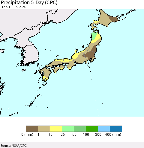 Japan Precipitation 5-Day (CPC) Thematic Map For 2/11/2024 - 2/15/2024