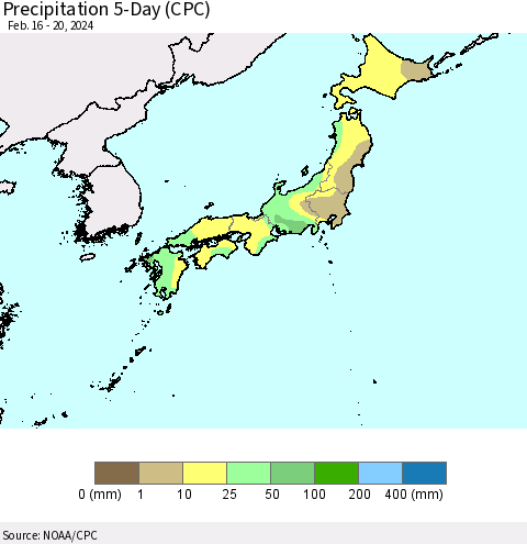 Japan Precipitation 5-Day (CPC) Thematic Map For 2/16/2024 - 2/20/2024