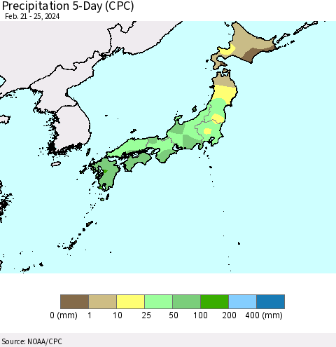 Japan Precipitation 5-Day (CPC) Thematic Map For 2/21/2024 - 2/25/2024