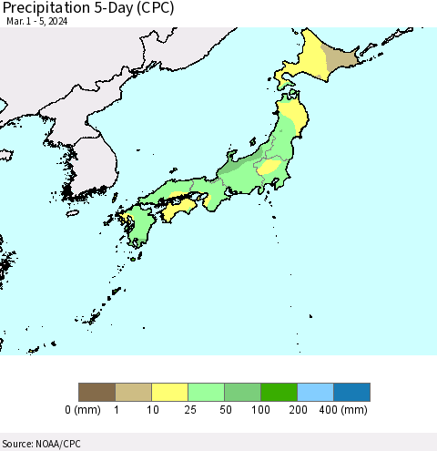 Japan Precipitation 5-Day (CPC) Thematic Map For 3/1/2024 - 3/5/2024