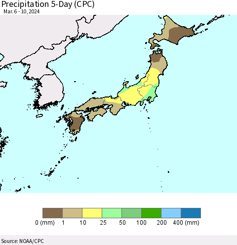 Japan Precipitation 5-Day (CPC) Thematic Map For 3/6/2024 - 3/10/2024