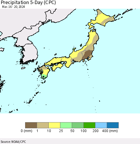 Japan Precipitation 5-Day (CPC) Thematic Map For 3/16/2024 - 3/20/2024