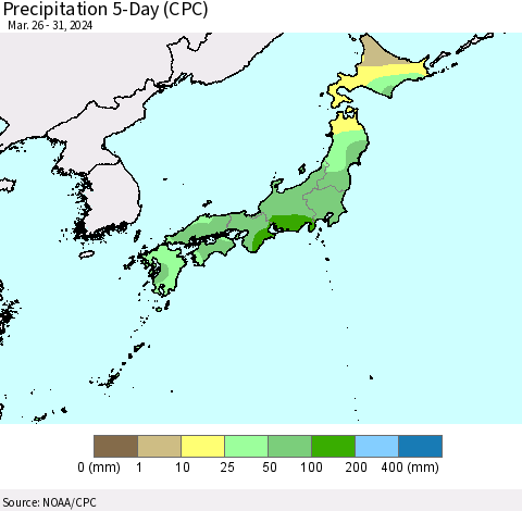Japan Precipitation 5-Day (CPC) Thematic Map For 3/26/2024 - 3/31/2024