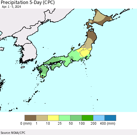 Japan Precipitation 5-Day (CPC) Thematic Map For 4/1/2024 - 4/5/2024