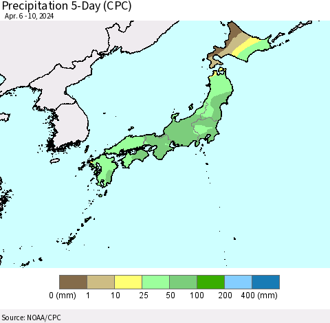 Japan Precipitation 5-Day (CPC) Thematic Map For 4/6/2024 - 4/10/2024