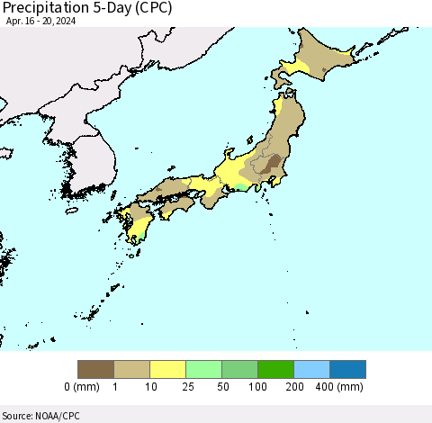 Japan Precipitation 5-Day (CPC) Thematic Map For 4/16/2024 - 4/20/2024