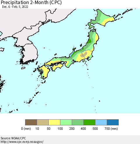 Japan Precipitation 2-Month (CPC) Thematic Map For 12/6/2021 - 2/5/2022