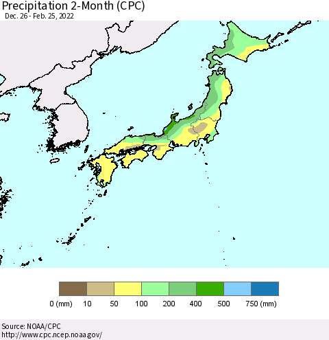 Japan Precipitation 2-Month (CPC) Thematic Map For 12/26/2021 - 2/25/2022