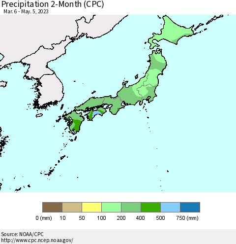 Japan Precipitation 2-Month (CPC) Thematic Map For 3/6/2023 - 5/5/2023