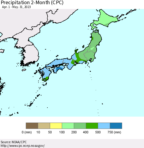 Japan Precipitation 2-Month (CPC) Thematic Map For 4/1/2023 - 5/31/2023