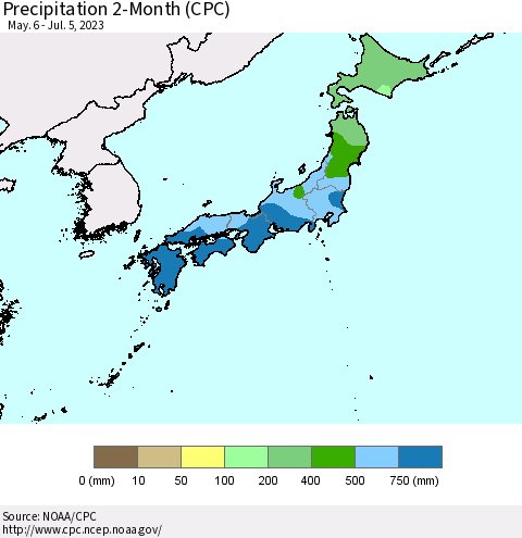 Japan Precipitation 2-Month (CPC) Thematic Map For 5/6/2023 - 7/5/2023