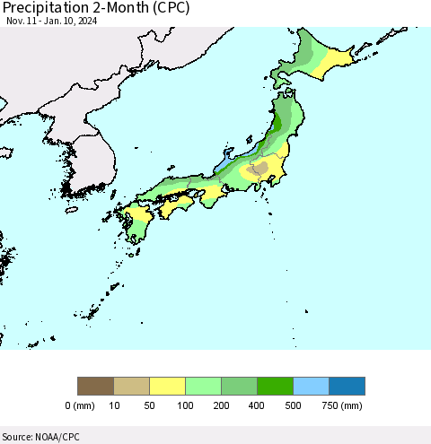 Japan Precipitation 2-Month (CPC) Thematic Map For 11/11/2023 - 1/10/2024