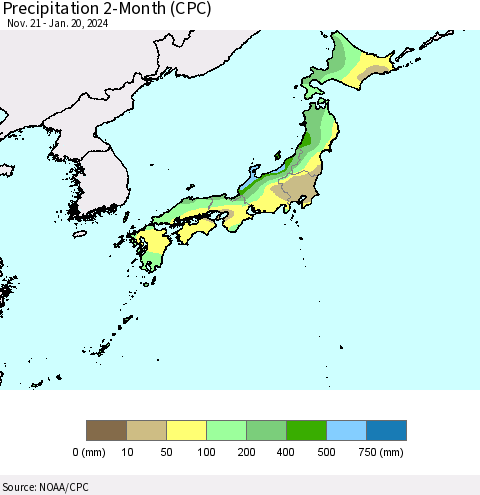 Japan Precipitation 2-Month (CPC) Thematic Map For 11/21/2023 - 1/20/2024