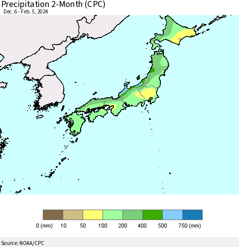 Japan Precipitation 2-Month (CPC) Thematic Map For 12/6/2023 - 2/5/2024