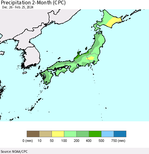 Japan Precipitation 2-Month (CPC) Thematic Map For 12/26/2023 - 2/25/2024