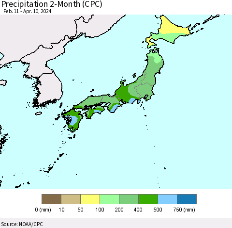 Japan Precipitation 2-Month (CPC) Thematic Map For 2/11/2024 - 4/10/2024