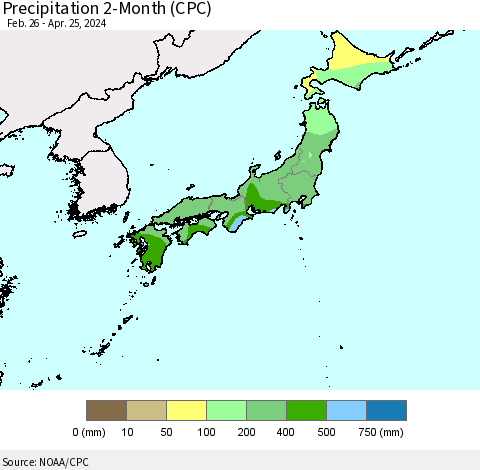 Japan Precipitation 2-Month (CPC) Thematic Map For 2/26/2024 - 4/25/2024