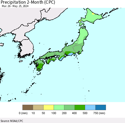 Japan Precipitation 2-Month (CPC) Thematic Map For 3/26/2024 - 5/25/2024