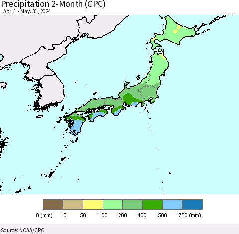 Japan Precipitation 2-Month (CPC) Thematic Map For 4/1/2024 - 5/31/2024