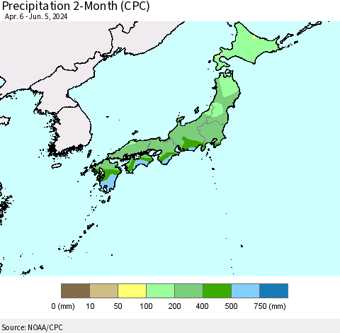 Japan Precipitation 2-Month (CPC) Thematic Map For 4/6/2024 - 6/5/2024