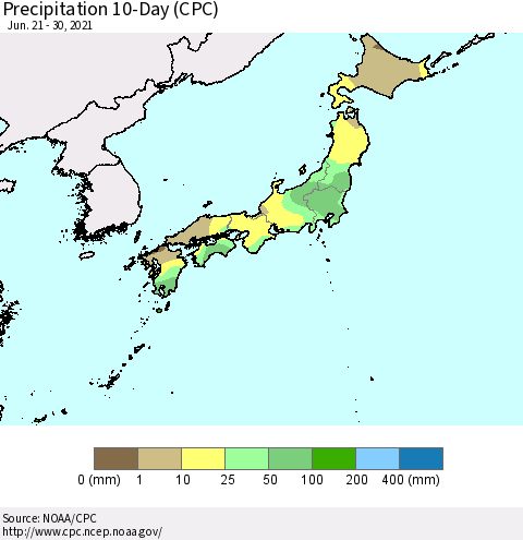 Japan Precipitation 10-Day (CPC) Thematic Map For 6/21/2021 - 6/30/2021