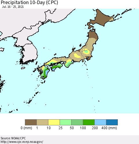 Japan Precipitation 10-Day (CPC) Thematic Map For 7/16/2021 - 7/25/2021