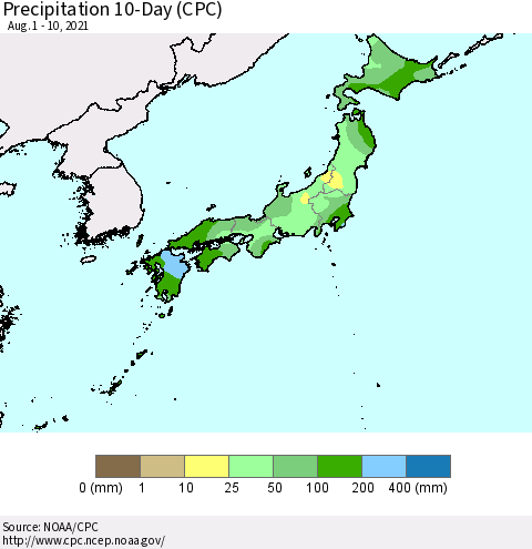 Japan Precipitation 10-Day (CPC) Thematic Map For 8/1/2021 - 8/10/2021