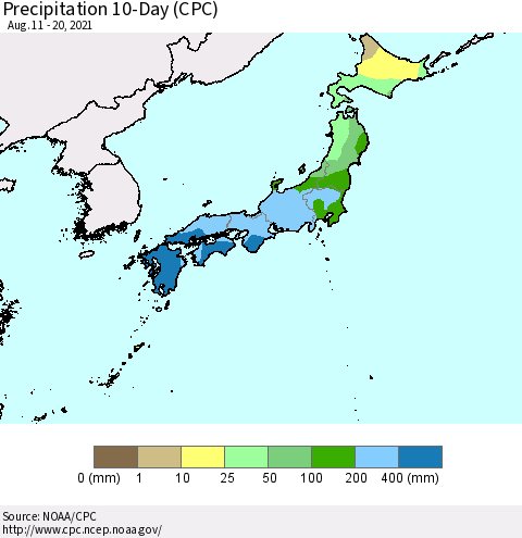 Japan Precipitation 10-Day (CPC) Thematic Map For 8/11/2021 - 8/20/2021
