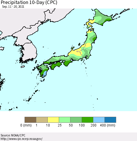 Japan Precipitation 10-Day (CPC) Thematic Map For 9/11/2021 - 9/20/2021