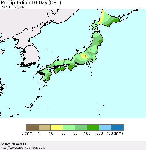 Japan Precipitation 10-Day (CPC) Thematic Map For 9/16/2021 - 9/25/2021