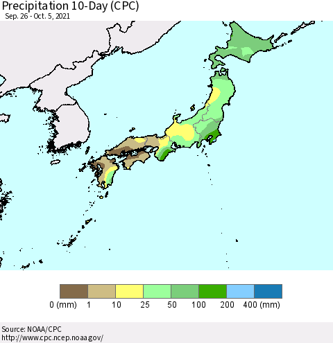 Japan Precipitation 10-Day (CPC) Thematic Map For 9/26/2021 - 10/5/2021