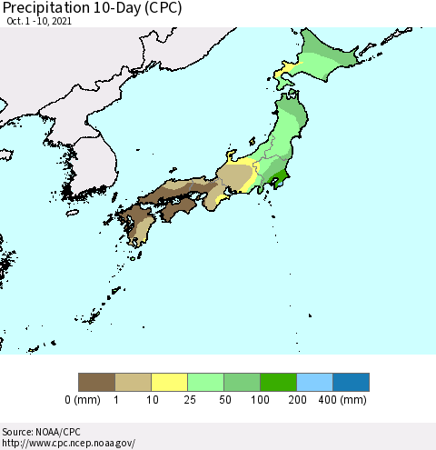 Japan Precipitation 10-Day (CPC) Thematic Map For 10/1/2021 - 10/10/2021