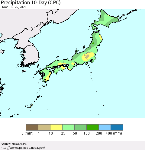Japan Precipitation 10-Day (CPC) Thematic Map For 11/16/2021 - 11/25/2021