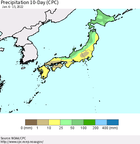 Japan Precipitation 10-Day (CPC) Thematic Map For 1/6/2022 - 1/15/2022