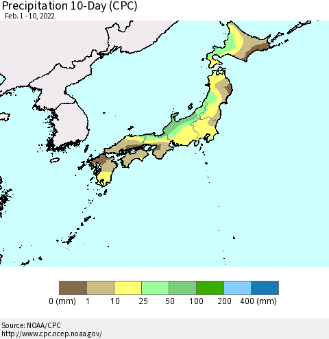 Japan Precipitation 10-Day (CPC) Thematic Map For 2/1/2022 - 2/10/2022