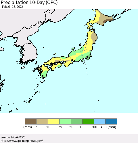 Japan Precipitation 10-Day (CPC) Thematic Map For 2/6/2022 - 2/15/2022