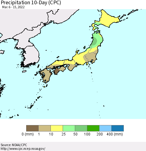 Japan Precipitation 10-Day (CPC) Thematic Map For 3/6/2022 - 3/15/2022