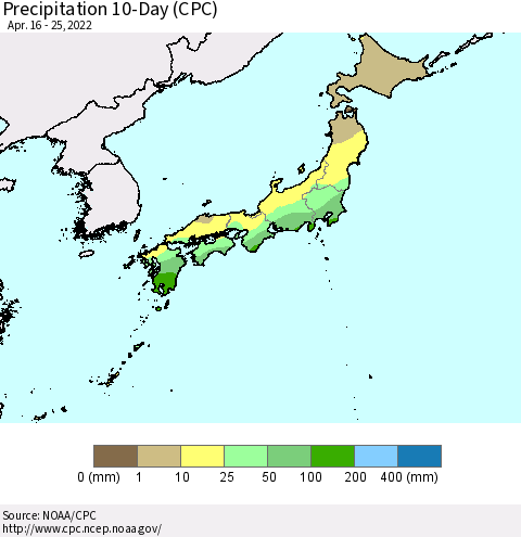 Japan Precipitation 10-Day (CPC) Thematic Map For 4/16/2022 - 4/25/2022