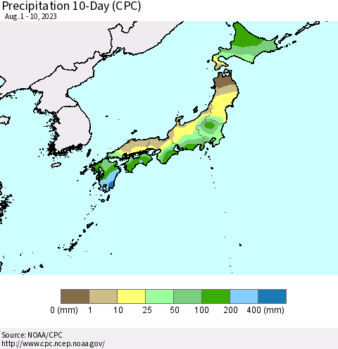 Japan Precipitation 10-Day (CPC) Thematic Map For 8/1/2023 - 8/10/2023
