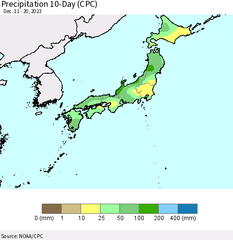 Japan Precipitation 10-Day (CPC) Thematic Map For 12/11/2023 - 12/20/2023