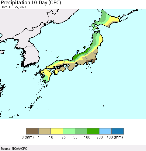Japan Precipitation 10-Day (CPC) Thematic Map For 12/16/2023 - 12/25/2023