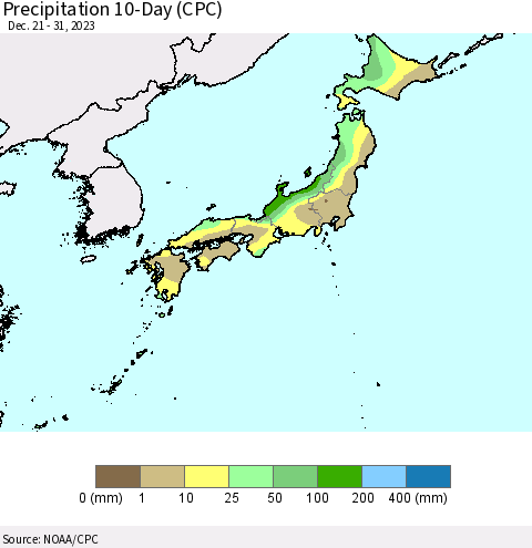 Japan Precipitation 10-Day (CPC) Thematic Map For 12/21/2023 - 12/31/2023