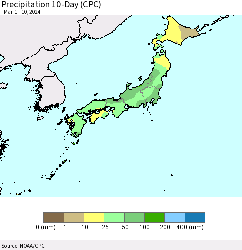 Japan Precipitation 10-Day (CPC) Thematic Map For 3/1/2024 - 3/10/2024